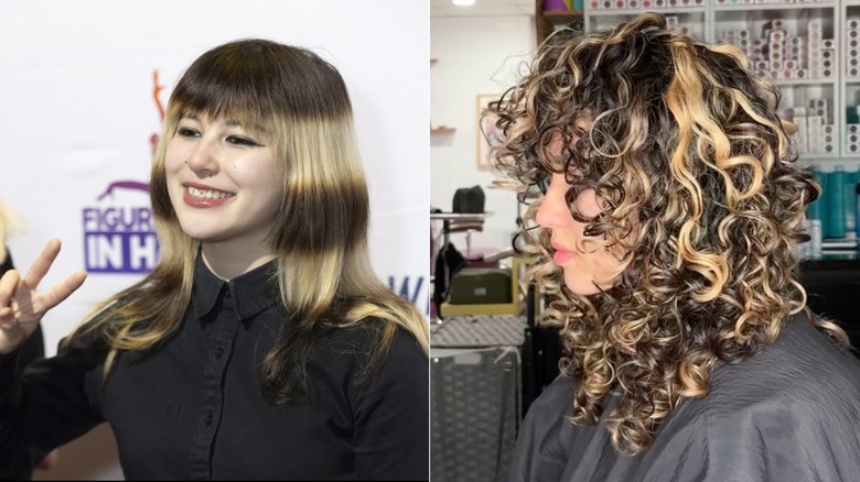 Una imagen de lado a lado del cabello halo de Alysa Liu y un cliente obteniendo mechas gruesas en sus rizos.