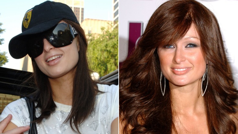 Imagen dividida de Paris Hilton con cabello castaño, gafas de sol y sombrero a la izquierda, y a la derecha con cabello castaño y aros en un evento.