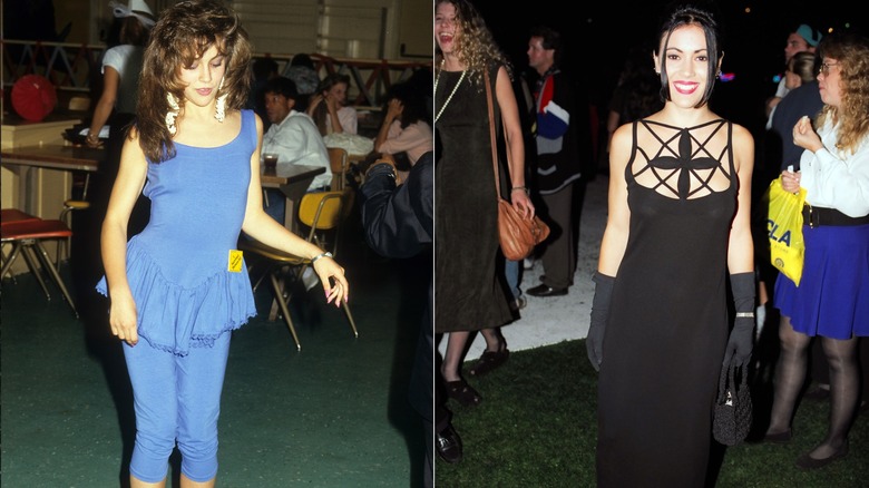 Alyssa Milano con un conjunto azul de los 80 con cabello largo y un vestido negro de vampiro en 1992
