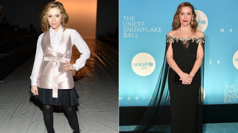 Alyssa Milano con un conjunto preppy con detalles transparentes y satinados, junto a Alyssa Milano posando con un llamativo vestido negro con una capa transparente