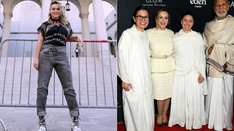 Alyssa Milano posando con jeans con puños y una camisa estampada, junto a Alyssa Milano posando con una falda color crema y un top peplum con cinturón.