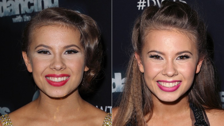 Imágenes de lado a lado de los peinados profesionales de Bindi Irwin en "Bailando con las estrellas"