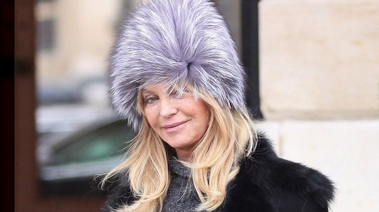 Goldie Hawn posando afuera con un sombrero de piel gris violáceo y un abrigo de piel negro.