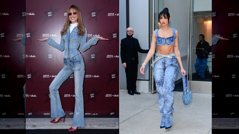 Imagen dividida de Bella Hadid con un traje de mezclilla a la izquierda y Dua Lipa con un traje de mezclilla a la derecha.