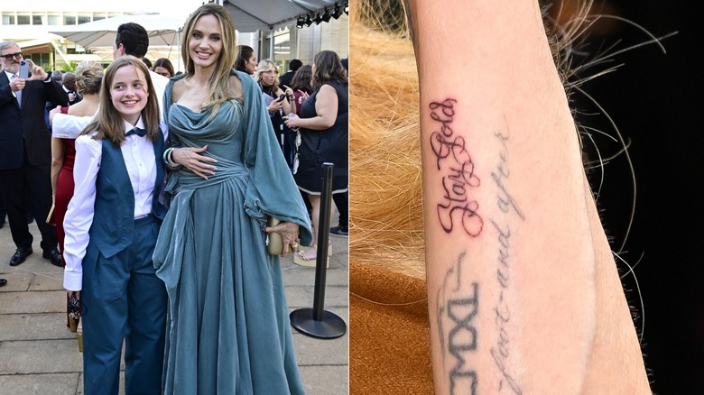 Vivienne Jolie-Pitt y Angelina Jolie asisten a la 77a edición anual de los premios Tony el 16 de junio de 2024 y primer plano del tatuaje dorado en vivo