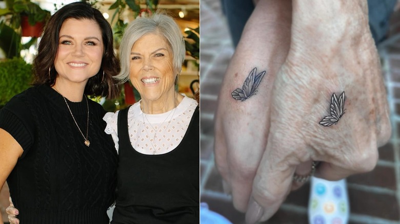 Tiffani Thiessen y mamá, Robyn Thiessen con tatuajes de mariposas, enero de 2024