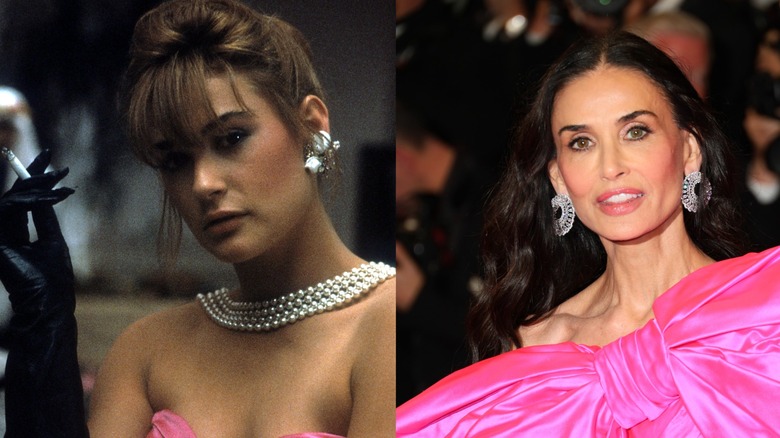 Demi Moore fotografiada en una imagen fija de 1985 de "Fuego de San Telmo" a la izquierda y por separado en 2026 a la derecha
