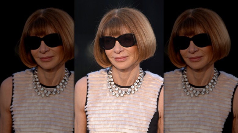 Anna Wintour sonríe con gafas de sol negras y un collar de cristal