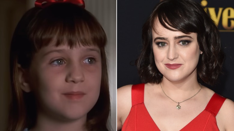 Mara Wilson en Matilda con un bob marrón y un lazo rojo.