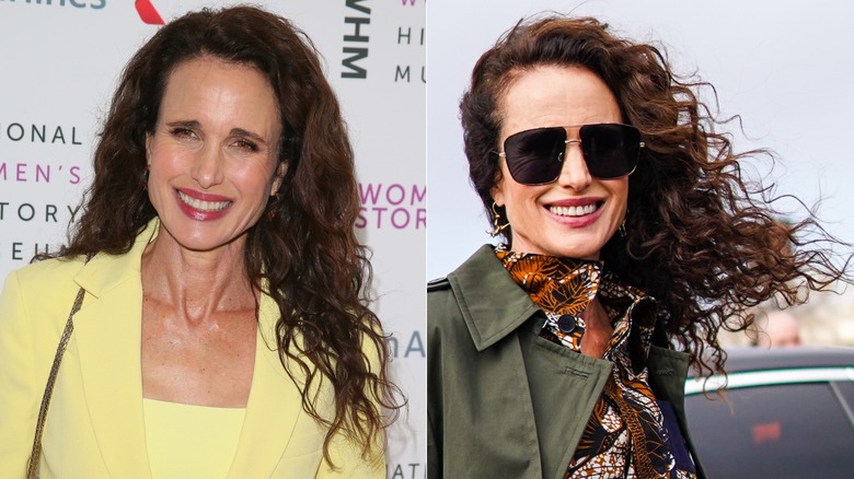 Andie MacDowell en 2020 con cabello rizado castaño oscuro