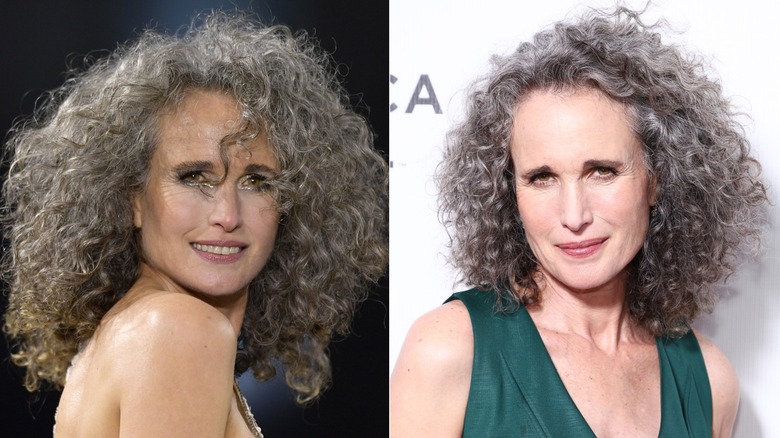 Andie MacDowell en 2022 con cabello rizado y apretado en tono plateado