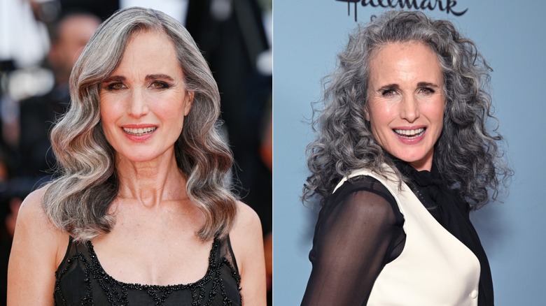 Andie MacDowell en 2023 con cabello gris ondulado y cabello gris rizado