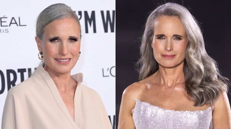 Andie MacDowell en 2024 con el pelo recogido y con ondas sueltas