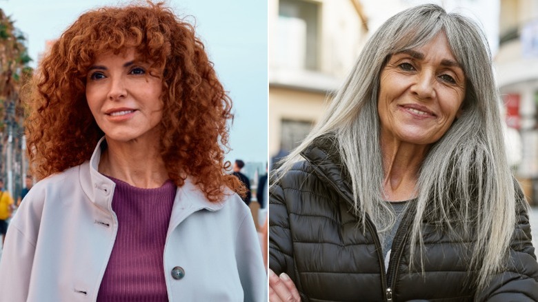 Imagen dividida de una mujer con cabello rojo rizado y flequillo a la izquierda, y una mujer con cabello largo gris y flequillo de cortina a la derecha.
