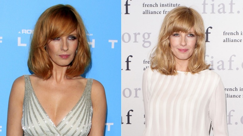 Kelly Reilly con vestido de lentejuelas y camisa blanca