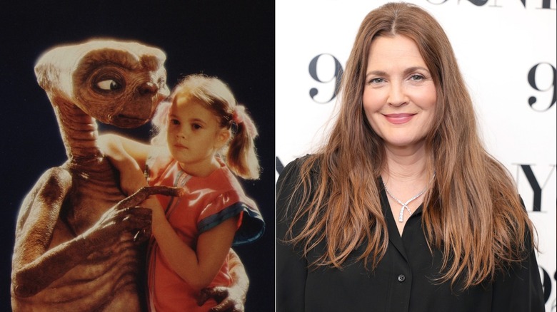 Drew Barrymore posando con ET en 1982 y en marzo de 2026 en la 92nd Y