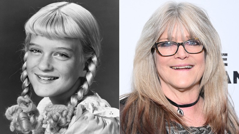 Fotos una al lado de la otra de Susan Olsen cuando era niña con trenzas a la izquierda y una adulta con gafas y una gargantilla a la derecha.