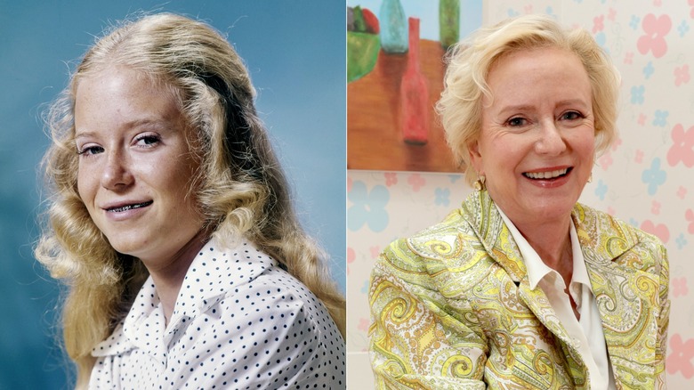 Fotos una al lado de la otra de Eve Plumb cuando era niña con una camisa de lunares a la izquierda y de adulta con una chaqueta de cachemira a la derecha.