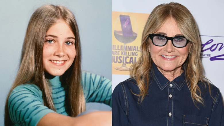 Fotos una al lado de la otra de Maureen McCormick cuando era niña con una camisa a rayas a la izquierda y de adulta con una camisa vaquera y gafas de sol a la derecha.