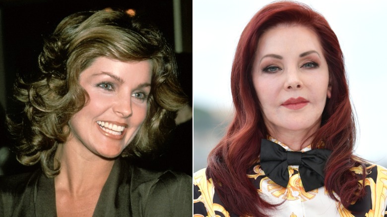 Las imágenes de antes y después muestran a Priscilla Presley con cabello moreno en 1983 (izquierda) y cabello rojo oscuro (derecha) en 2022.