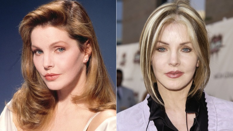Las fotos de Priscilla Presley, una al lado de la otra, la muestran con dos colores de cabello diferentes: un tono marrón caramelo (izquierda) y un look rubio con rayas de zorrillo (derecha).