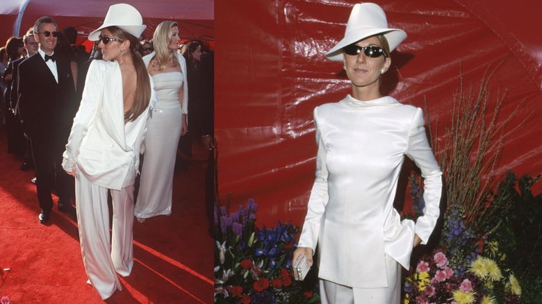 Celine Dion con traje blanco en los Oscar de 1999