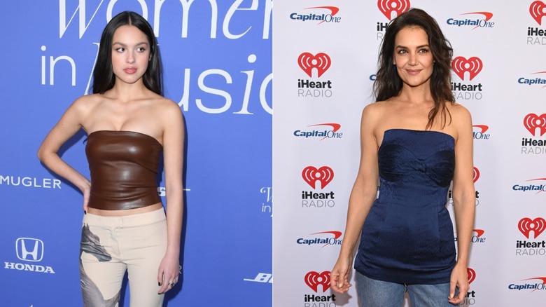 Izquierda: Olivia Rodrigo en los premios Billboard Women in Music 2023. Derecha: Katie Holmes posa en la alfombra roja del iHeartRadio Jingle Ball.
