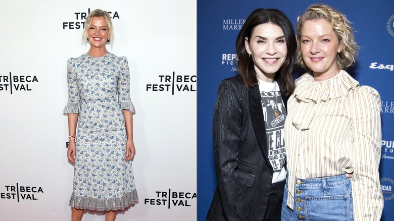Al lado de Gretchen Mol con un vestido floral y una blusa con volantes con Julianna Margulies