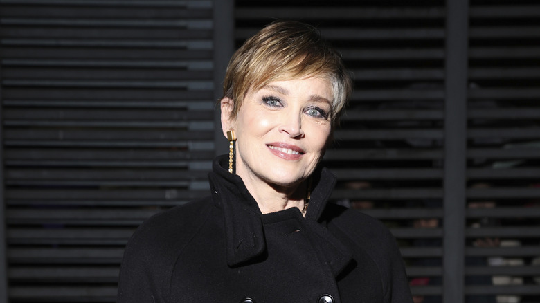 Sharon Stone luce un corte pixie con rayas grises y un chaquetón negro durante Milan Fashion 2024