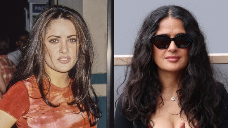 Salma Hayek allá por 1994, y en un partido de tenis en 2026