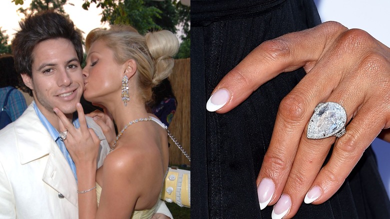 Izquierda: Paris Hilton besa a su ex prometido Paris Latsis en la mejilla Derecha: Primer plano de la mano de Paris Hilton con el anillo de compromiso