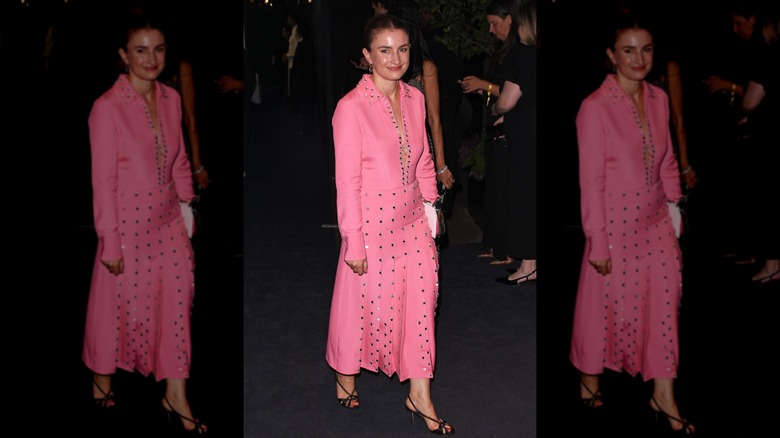 Chloe Malle con un vestido rosa y el pelo recogido