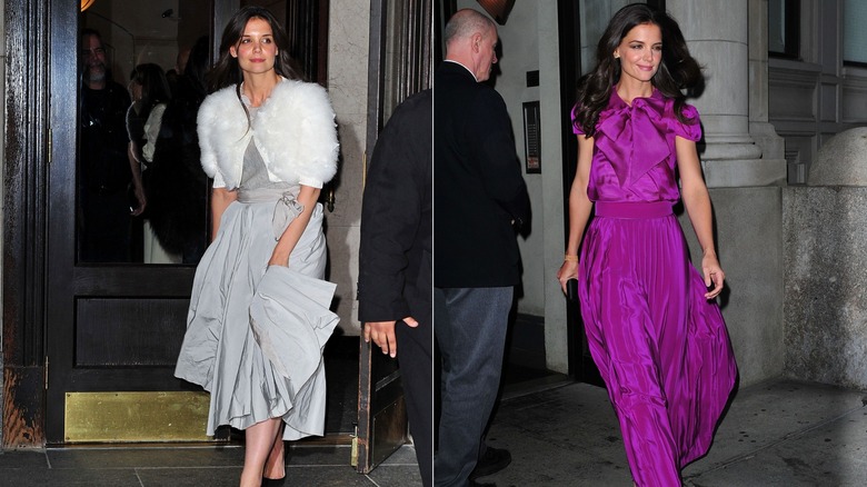 Katie Holmes con un vestido gris y una chaqueta de piel en la ciudad de Nueva York en marzo de 2011 / Katie Holmes con un vestido violeta en la ciudad de Nueva York en mayo de 2011