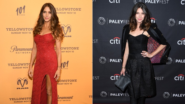 Al lado de Dawn Olivieri con un vestido de noche rojo y un vestido midi negro