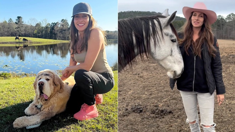 Al lado de Dawn Olivieri con un perro rescatado y un caballo