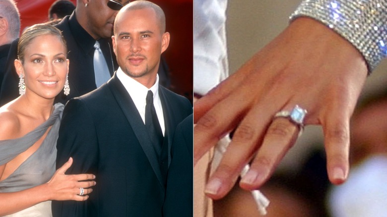 IZQUIERDA: Jennifer Lopez posando junto a Chris Judd DERECHA: El anillo de compromiso de López de manos de Judd en un primer plano.