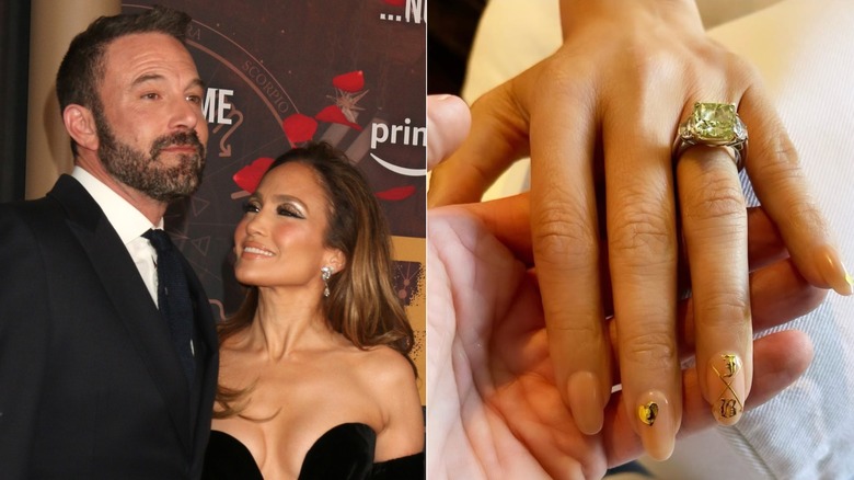 Jennifer López y Ben Affleck vestidos de negro posando juntos sobre una alfombra