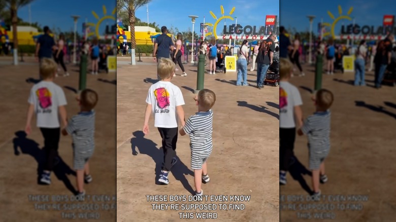 Los medios hermanos Hudson y Tristan tomados de la mano y caminando juntos en Legoland.