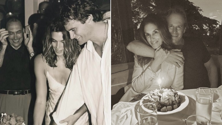Imagen dividida en blanco y negro de Cindy Crawford y su esposo Rande Gerber cortando el pastel en su boda a la izquierda.