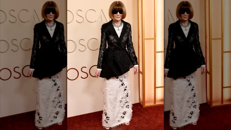 Anna Wintour en la alfombra roja con un vestido blanco y negro esponjoso con un abrigo de encaje negro, un collar llamativo y gafas de sol negras.