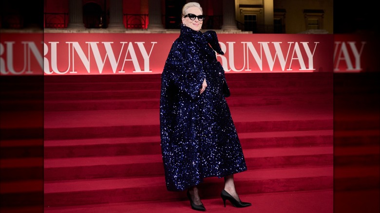 Meryl Streep en la alfombra roja con un abrigo brillante azul oscuro de gran tamaño con simples zapatos de tacón negros y gafas de sol.