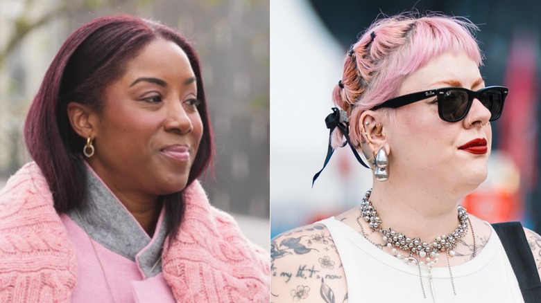 Una mujer en la semana de la moda con cabello burdeos y una invitada al festival con cabello rosado.