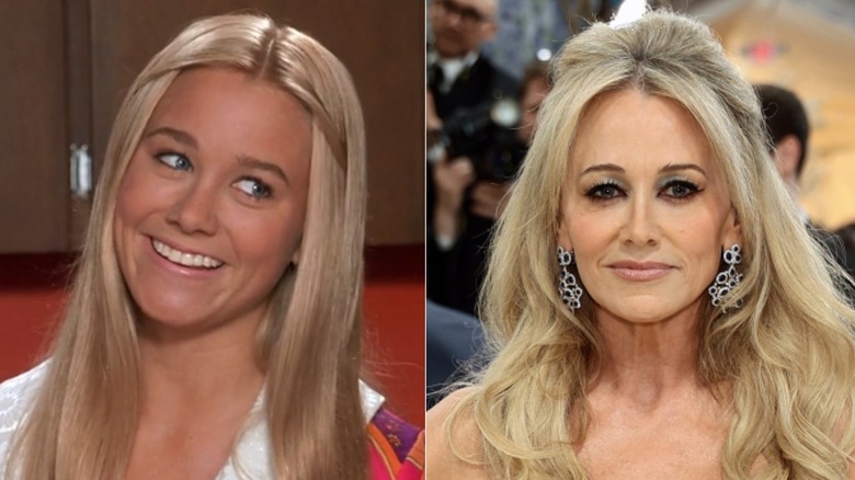 Imagen de lado a lado de Christine Taylor como Marcia Brady a la izquierda y en la Met Gala 2026 con el cabello recogido y aretes llamativos a la derecha.