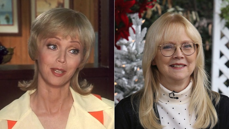 Imagen de lado a lado de Shelley Long como Carol Brady a la izquierda y con un jersey de cuello alto de lunares y una chaqueta negra en 2017 a la derecha.