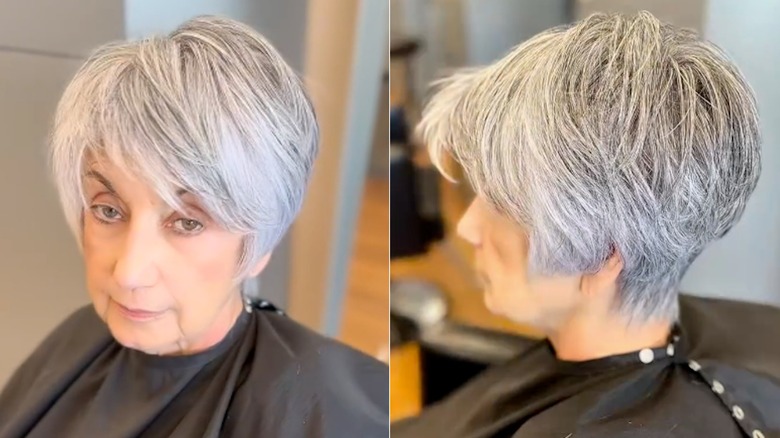Una foto de lado a lado de una mujer mayor con un corte de cuña gris.