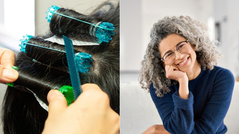 Un peluquero que hace una permanente y una mujer con cabello rizado y permanente