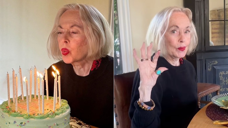 Las fotos, una al lado de la otra, muestran a Tippi Hedren apagando las velas de su cumpleaños (izquierda) y saludando a la cámara (derecha) durante las celebraciones de su 95 cumpleaños.