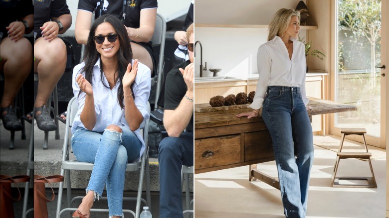 Meghan Markle con jeans y camisa blanca con botones