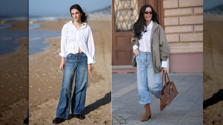 Dos mujeres con una camisa blanca con botones y jeans anchos.