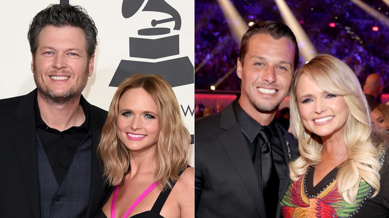 Las fotos de lado a lado muestran a Miranda Lambert posando con su exmarido Blake Shelton (izquierda) y su actual marido, Brendan McLoughlin (derecha).